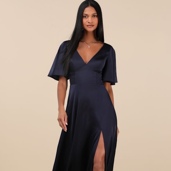 Lulus Elegant Confidence Navy Satin Flutter Sleeve Cutout Maxi Dress Blue - Picture 1 of 3
